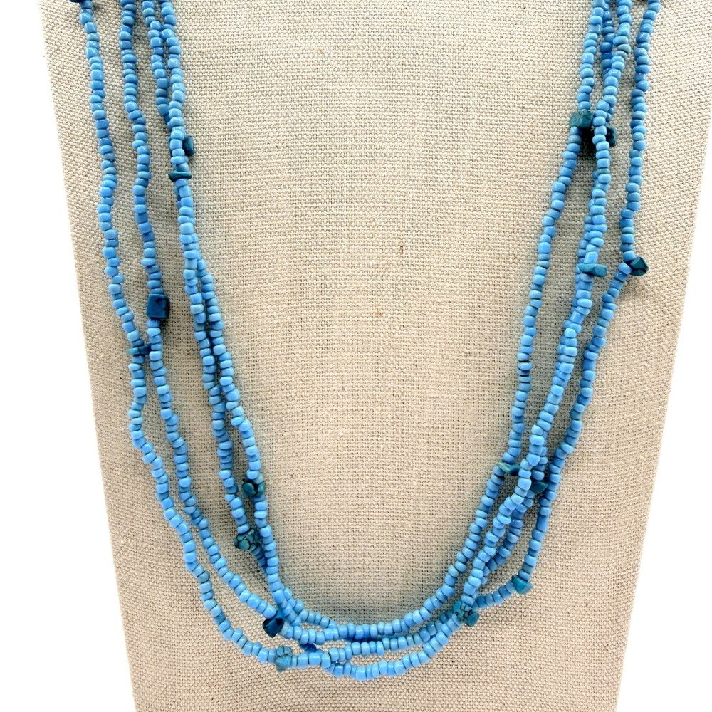Necklace Vintage Light Blue Seed Bead Multi Strand Statement Boho Retro 90s Y2K